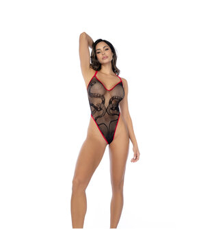 Slangen Visnet Bodysuit - Één Maat - Zwart/Rood