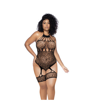 Leopard Halter Visnet Bodysuit - Koning Maat - Zwart