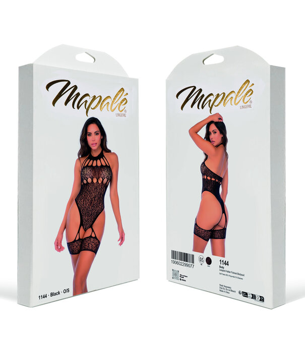 Mapalé Leopard Halter Visnet Bodysuit - Één maat - Zwart