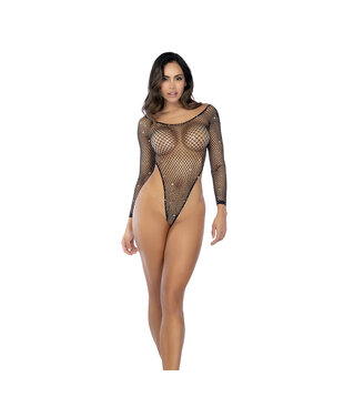 Langsleeve Visnet Rhinestone Bodysuit - Één maat - Zwart/Rhinestone