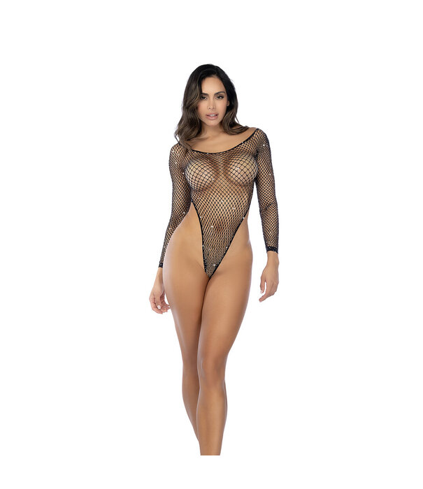 Mapalé Langsleeve Visnet Rhinestone Bodysuit - Één maat - Zwart/Rhinestone