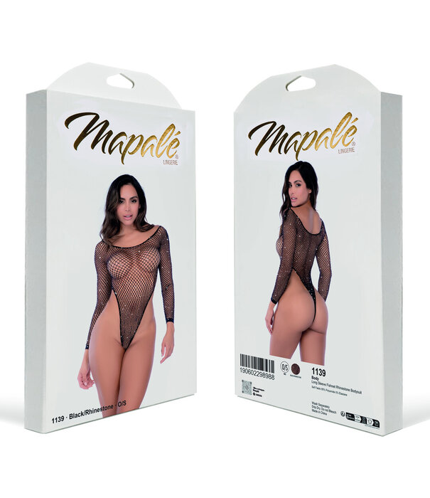 Mapalé Langsleeve Visnet Rhinestone Bodysuit - Één maat - Zwart/Rhinestone