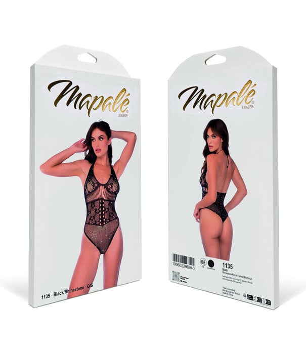 Mapalé Rhinestone Bloemen Fishnet Bodysuit - Één maat - Zwart/Rhinestone