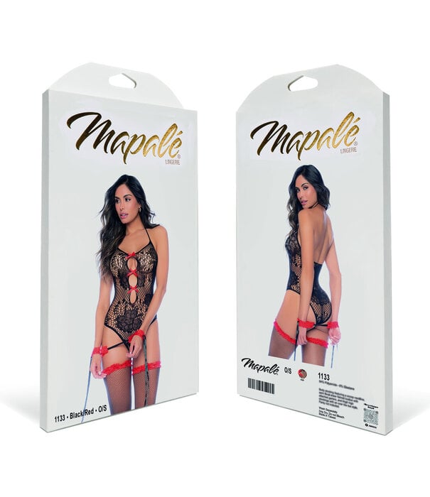 Mapalé Bloemen Visnet Bodysuit - Één Maat - Zwart/Rood