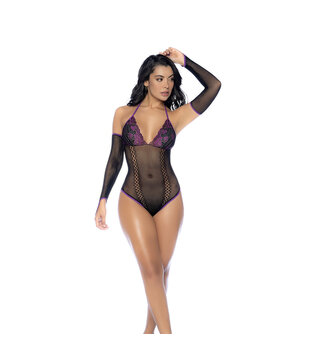 Visnet en Kant Bodysuit Set - One Size - Zwart/Paarse