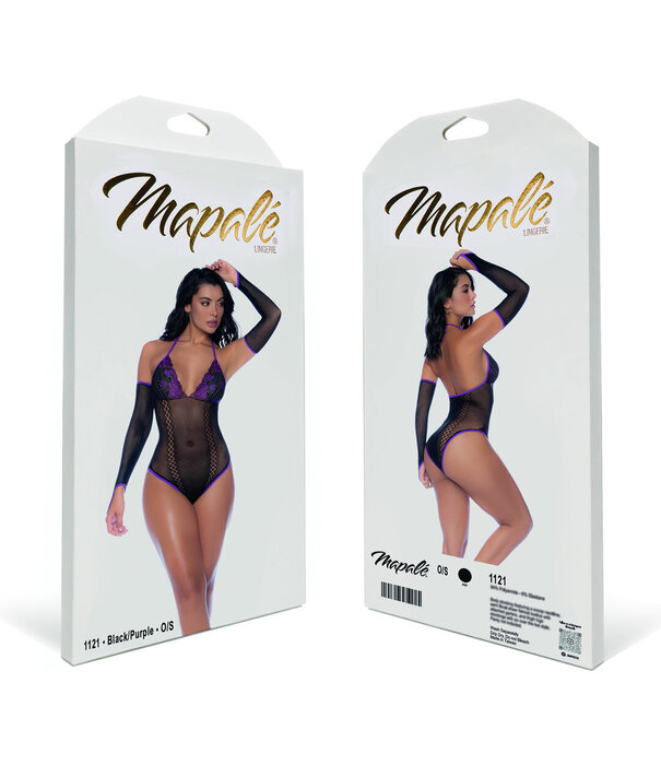 Mapalé Visnet en Kant Bodysuit Set - One Size - Zwart/Paarse