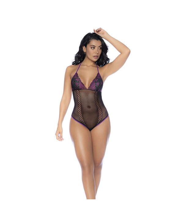 Mapalé Visnet en Kant Bodysuit Set - One Size - Zwart/Paarse