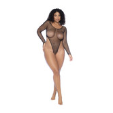 Langdurige Mouwen Visnet Bodysuit - Koningin Maat - Zwart
