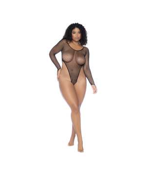 Langdurige Mouwen Visnet Bodysuit - Koningin Maat - Zwart