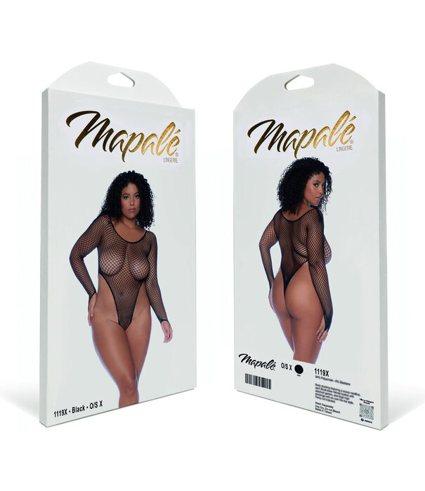 Mapalé Langdurige Mouwen Visnet Bodysuit - Koningin Maat - Zwart