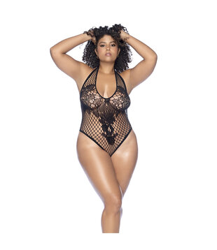 Bloemen Fishnet Bodysuit - Koning Maat - Zwart