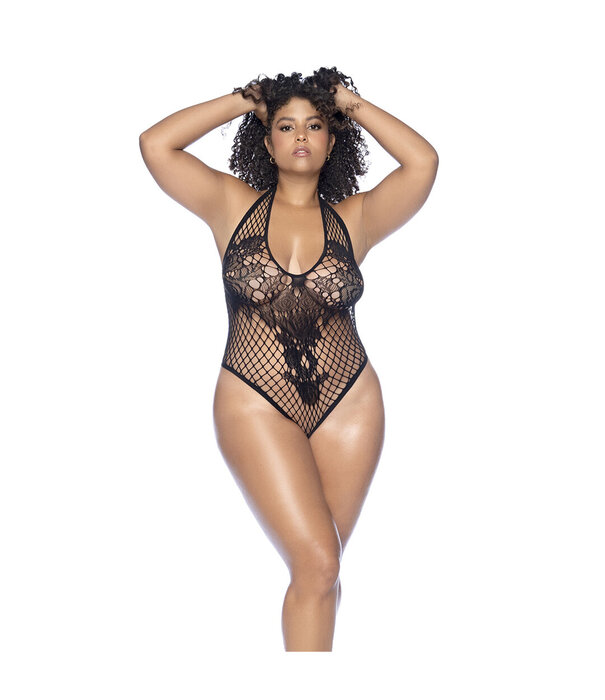 Mapalé Bloemen Fishnet Bodysuit - Koning Maat - Zwart