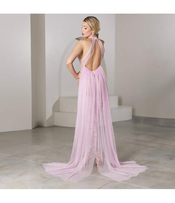 Allure Privé Danser - Teddy met Verstelbare Jarretels, Stay Ups en Afneembare Chiffon Tulle - M - Roze