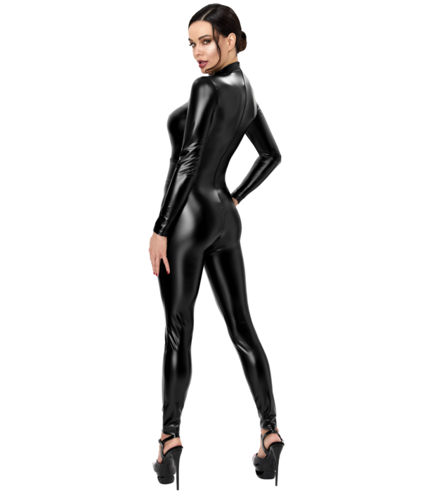 * NOIR handmade Noir Handmade F400 wetlook catsuit met open cups en halternek zwart