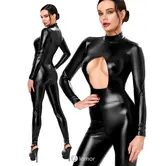 Noir Handmade F400 wetlook catsuit met open cups en halternek zwart