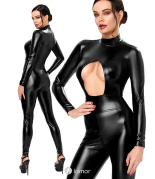 Wetlook catsuit open cups zwart, F400