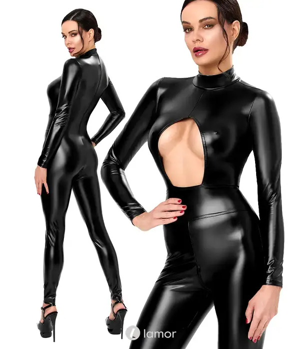 * NOIR handmade Noir Handmade F400 wetlook catsuit met open cups en halternek zwart