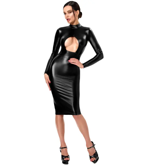 * NOIR handmade Noir Handmade F401 wetlook midi jurk met borstopening zwart