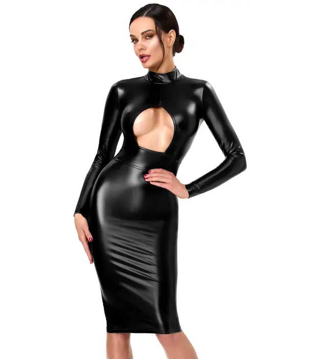 * NOIR handmade Noir Handmade F401 wetlook midi jurk met borstopening zwart