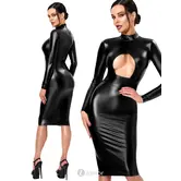 Noir Handmade F401 wetlook midi jurk met borstopening zwart