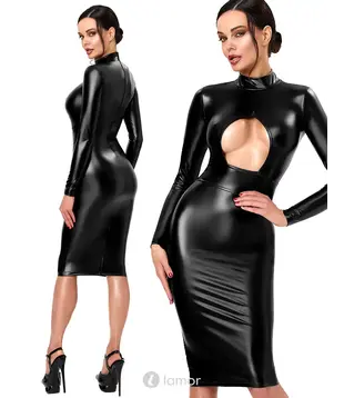 Wetlook midi jurk met borstopening zwart, F401