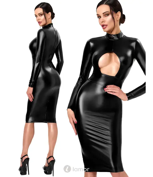 * NOIR handmade Noir Handmade F401 wetlook midi jurk met borstopening zwart
