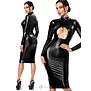 Noir Handmade F401 wetlook midi jurk met borstopening zwart