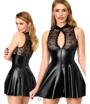Wetlook mini jurk met kant zwart, F404