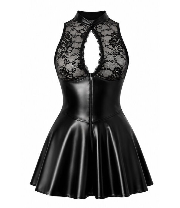 * NOIR handmade Noir Handmade F404 wetlook mini jurk met transparant kant zwart