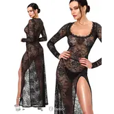 Noir Handmade F405 transparante kanten maxi jurk met hoge split zwart