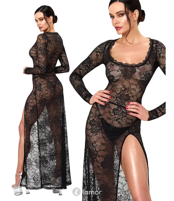 * NOIR handmade Noir Handmade F405 transparante kanten maxi jurk met hoge split zwart