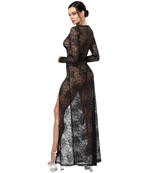 * NOIR handmade Noir Handmade F405 transparante kanten maxi jurk met hoge split zwart