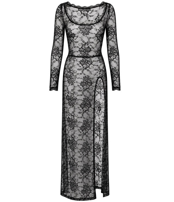 * NOIR handmade Noir Handmade F405 transparante kanten maxi jurk met hoge split zwart