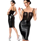 Noir Handmade F408 wetlook midi jurk met tule en veters zwart