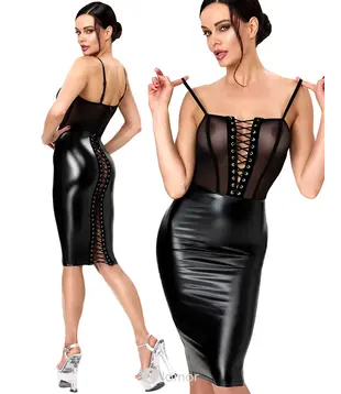 Wetlook midi jurk met tule en veters zwart, F408