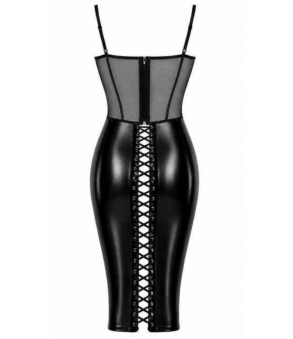 * NOIR handmade Noir Handmade F408 wetlook midi jurk met tule en veters zwart