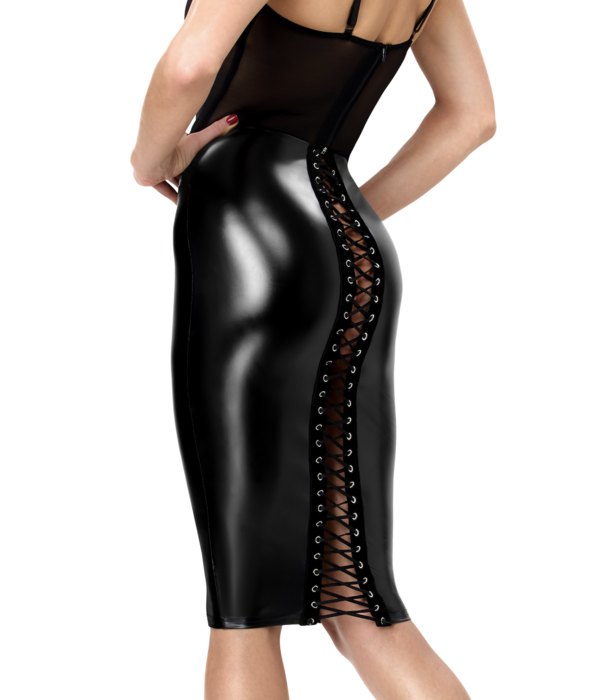 * NOIR handmade Noir Handmade F408 wetlook midi jurk met tule en veters zwart