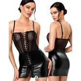 Noir Handmade F409 wetlook mini jurk met tule en veters zwart