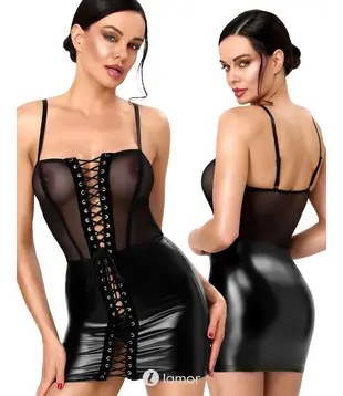 Wetlook mini jurk met veters zwart, F409