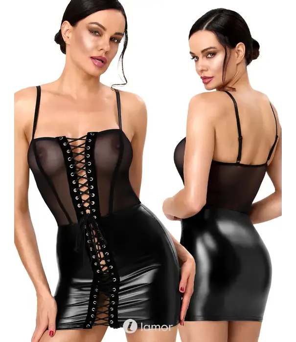 * NOIR handmade Noir Handmade F409 wetlook mini jurk met tule en veters zwart