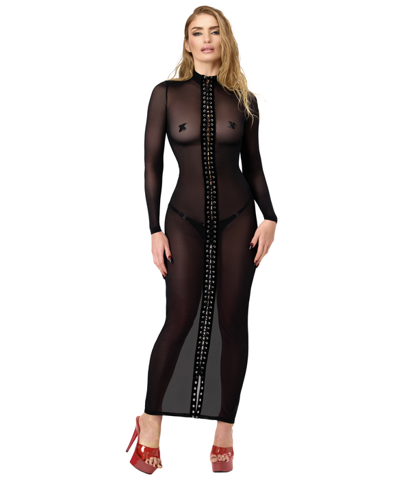 * NOIR handmade Noir Handmade F410 transparante maxi jurk met veters zwart
