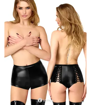Wetlook short met vetering zwart, F411