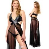 Noir Handmade F412 wetlook maxi jurk met transparant tule en halternek zwart