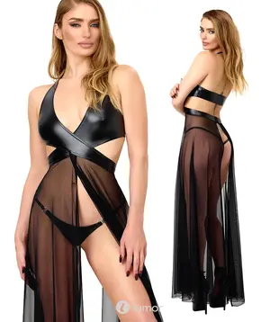 Wetlook maxi jurk met tule zwart, F412