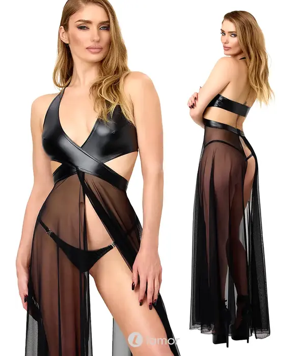 * NOIR handmade Noir Handmade F412 wetlook maxi jurk met transparant tule en halternek zwart
