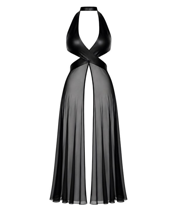 * NOIR handmade Noir Handmade F412 wetlook maxi jurk met transparant tule en halternek zwart