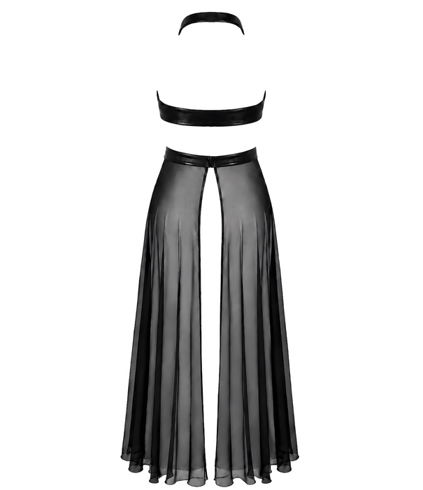 * NOIR handmade Noir Handmade F412 wetlook maxi jurk met transparant tule en halternek zwart