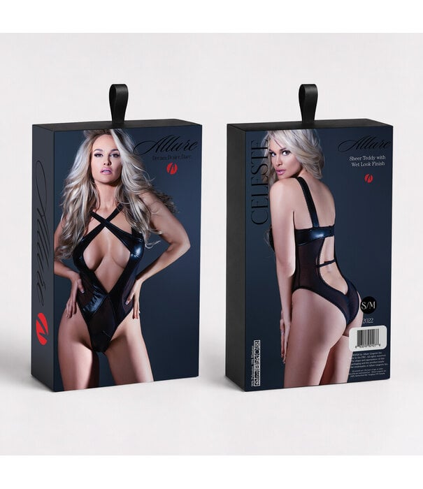 Allure Celeste - Doorzichtig en Wetlook Teddy - L/XL - Zwart