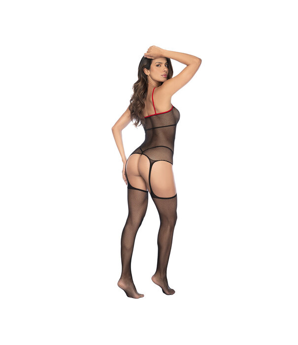 Mapalé Verpleegster Visnet Bodystocking met Manchet - Één Maat - Zwart/Rood