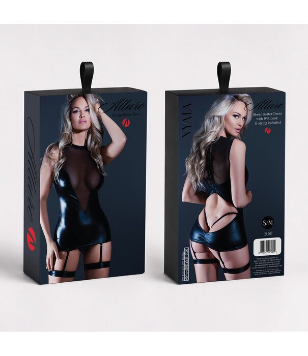 Allure Nyala - Transparante en Wetlook Garter Jurk met G-String - S/M - Zwart